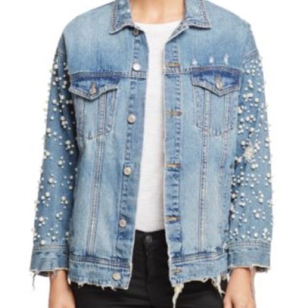 Women's Blue Denim Jacket with Pearl Embellishments